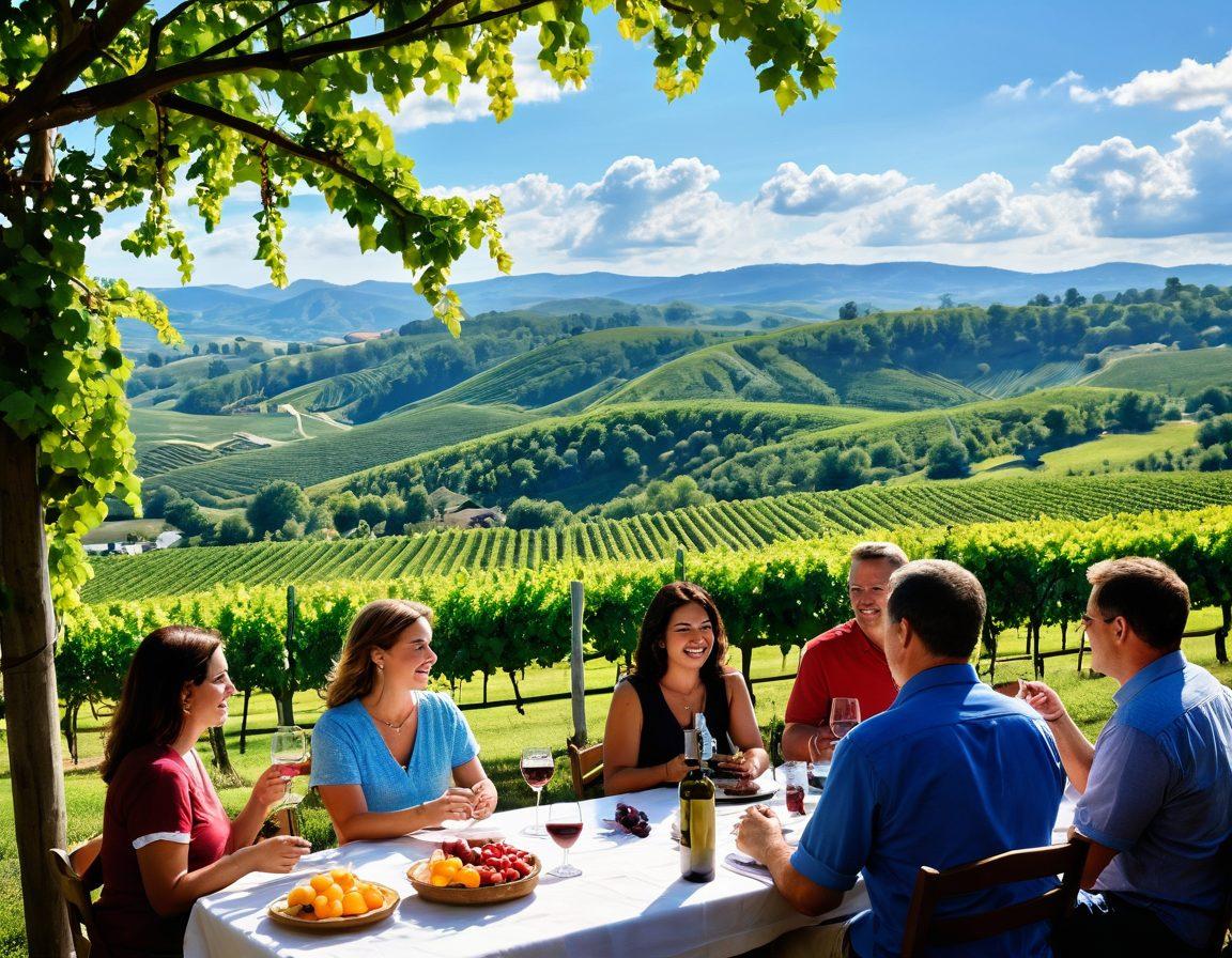 A picturesque Appalachian vineyard with rolling hills in the background, showcasing grapevines heavy with fruit. In the foreground, a group of diverse people is engaged in a wine tasting, laughing and sampling various wines. Colorful festival decorations adorn the scene, while a winemaker demonstrates the art of wine production nearby. The sky is a brilliant blue with fluffy clouds, conveying a vibrant festival atmosphere. super-realistic. vibrant colors. natural lighting.