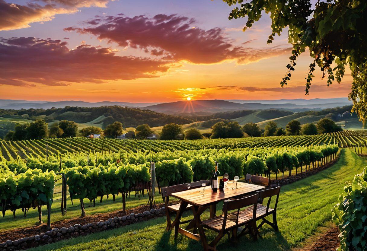 A picturesque landscape of rolling Appalachian vineyards under a vibrant sunset, showcasing rows of grapevines laden with ripe grapes, with an inviting outdoor tasting area featuring rustic wooden tables and glasses of wine. Include a small map of the Appalachian wine region in the corner, highlighting local vines. Emphasize the richness of the landscape and the warmth of the wine culture. super-realistic. vibrant colors. natural lighting.