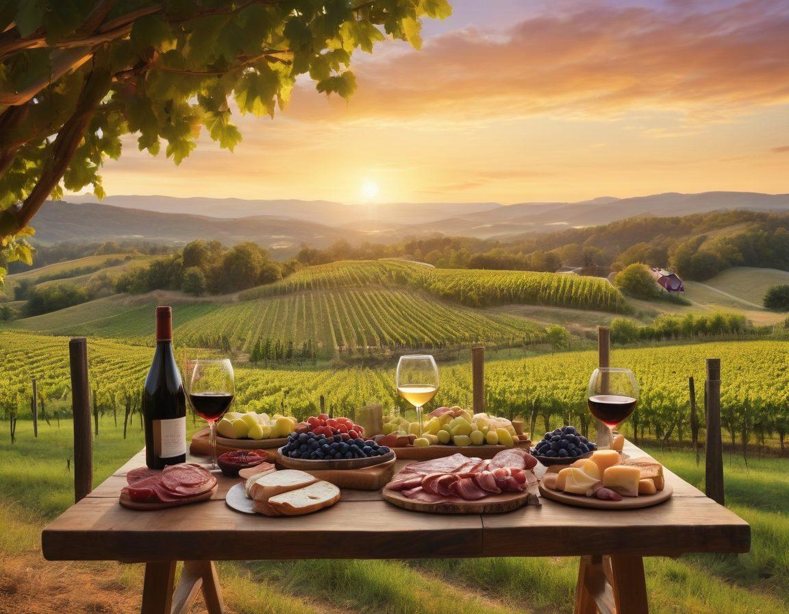 A scenic Appalachian vineyard at sunset, showcasing rows of grapevines with a quaint winery in the background. Include a wine tasting setup with elegant glasses and a charcuterie board on a rustic wooden table. Capture the essence of a vibrant wine event with people enjoying and mingling, surrounded by rolling hills and lush landscapes. super-realistic. warm colors. vibrant sunset.